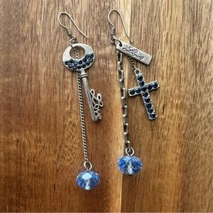 🗝️ 3” Dangle Earrings w/ Love and Cross Charms | Silver & Blue Whimsical Jewelry